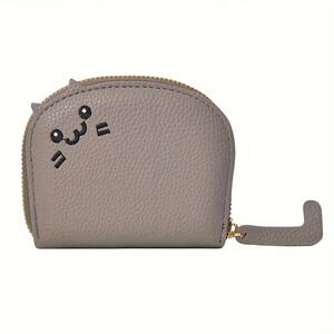 Cat Accordion Card Holder Pebbled Vegan Leather Zip Around Wallet Grey Novelty